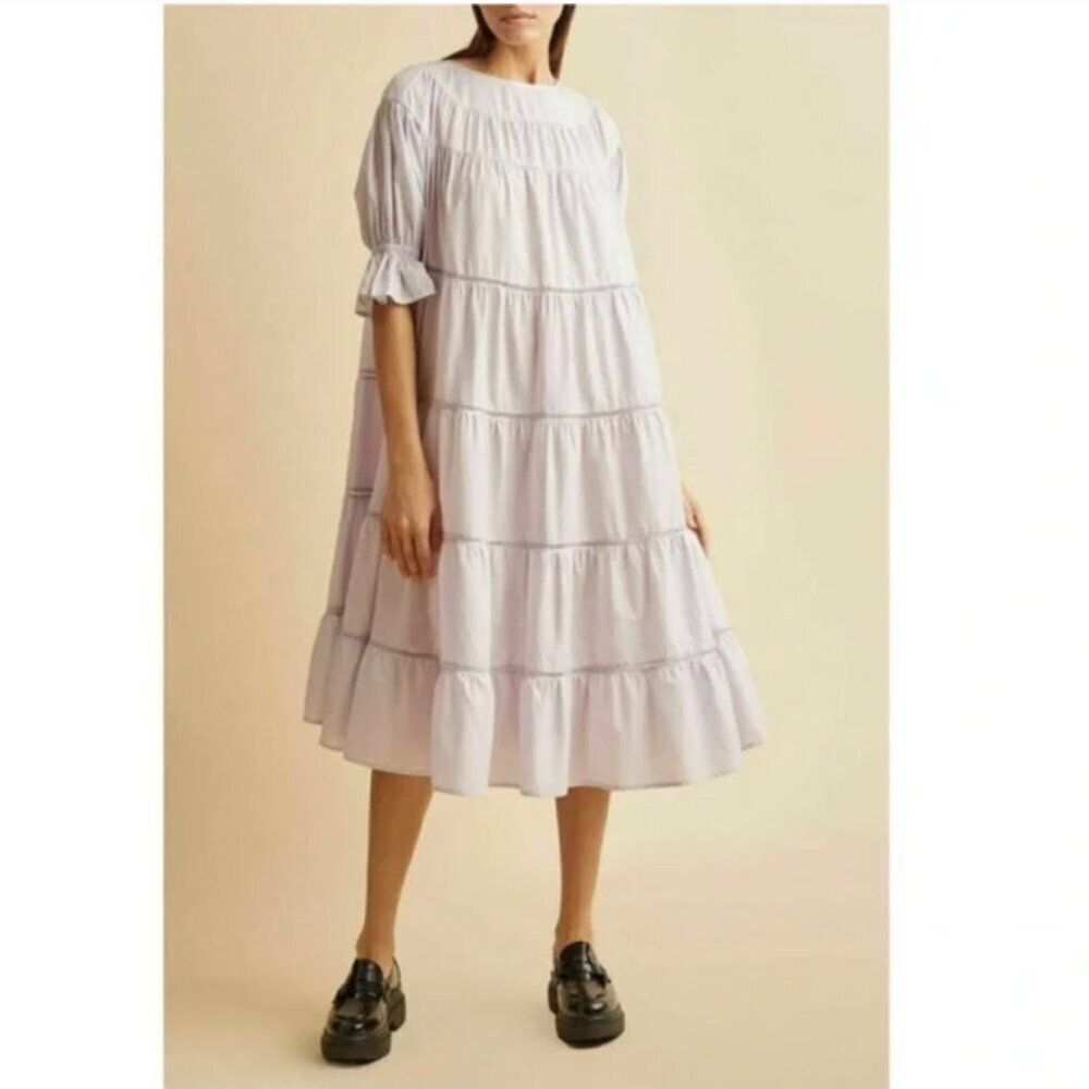 Merlette | Paradis Dress Tiered Midi Dress Puff Sleeve Cotton Lavender Size M